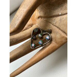 Vintage Pendant Stamped “800” Silver Heart Shape Multicolor Czech Iris Glass Pin
